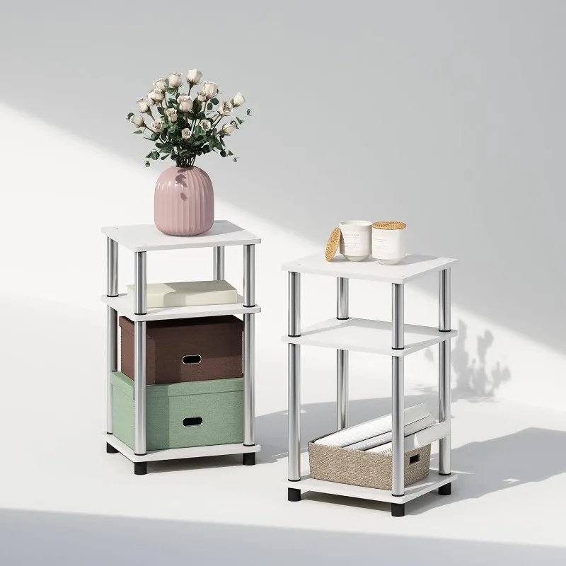 

Просто 3-уровневая тумбочка Turn-N-Tube с открытым хранилищем, 2 шт., пластиковые столбы, белый дуб/нержавеющая сталь