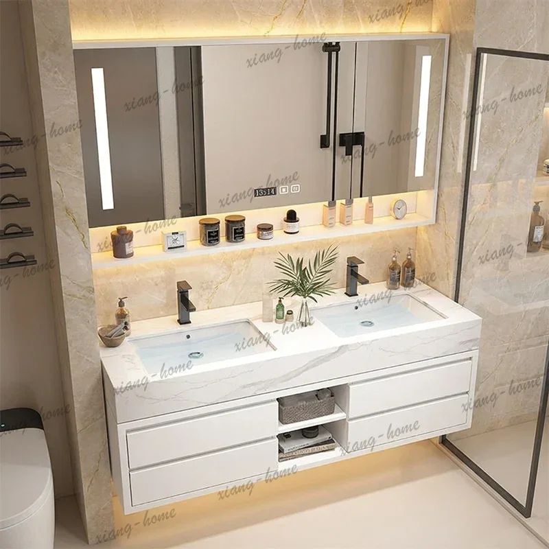 PG Modern European Luxury Slate Double Sink Bathroom Cabinet Set Solid Wood Integrated Basin Designer Bathroom Furniture Home