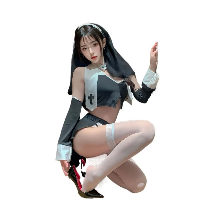 

Сексуальный костюм монахини для косплея: топ-халтер с крестом, мини-юбка, белые чулки до бедра для ролевых игр и вечеринок, эротическое белье