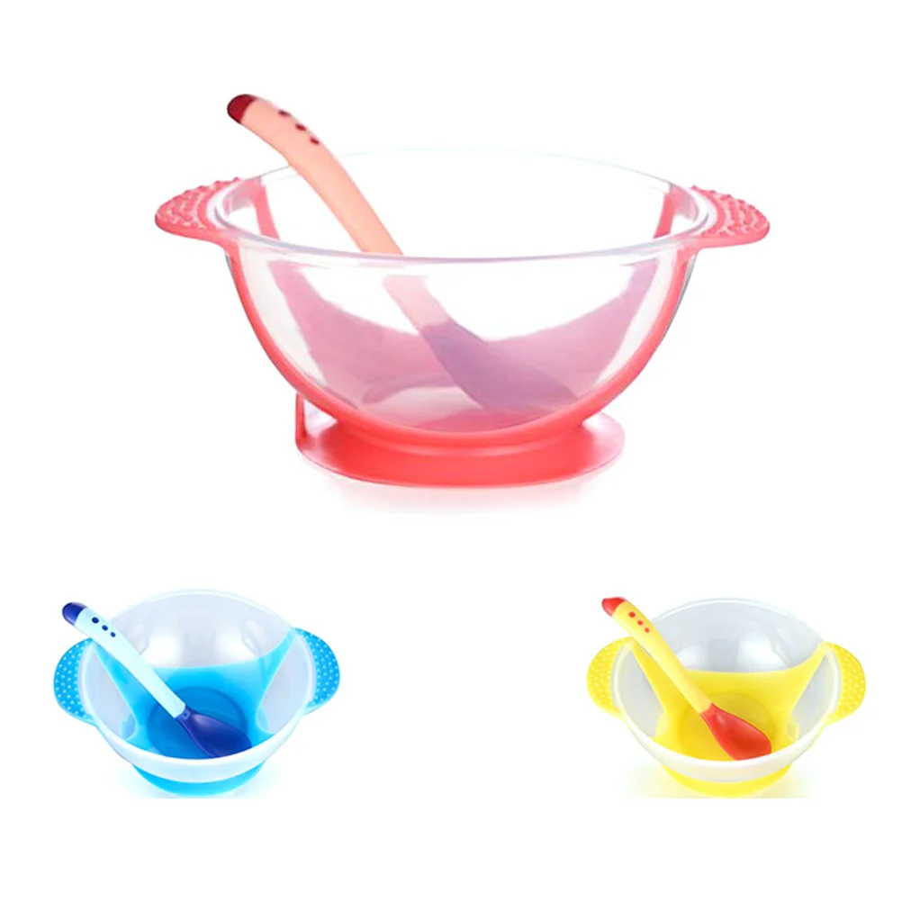 

Baby Suction Silicone Non-Slip Feeding Tableware Temperature Sensing Spoon Color Change Indicator For Toddlers Suction Bowl For
