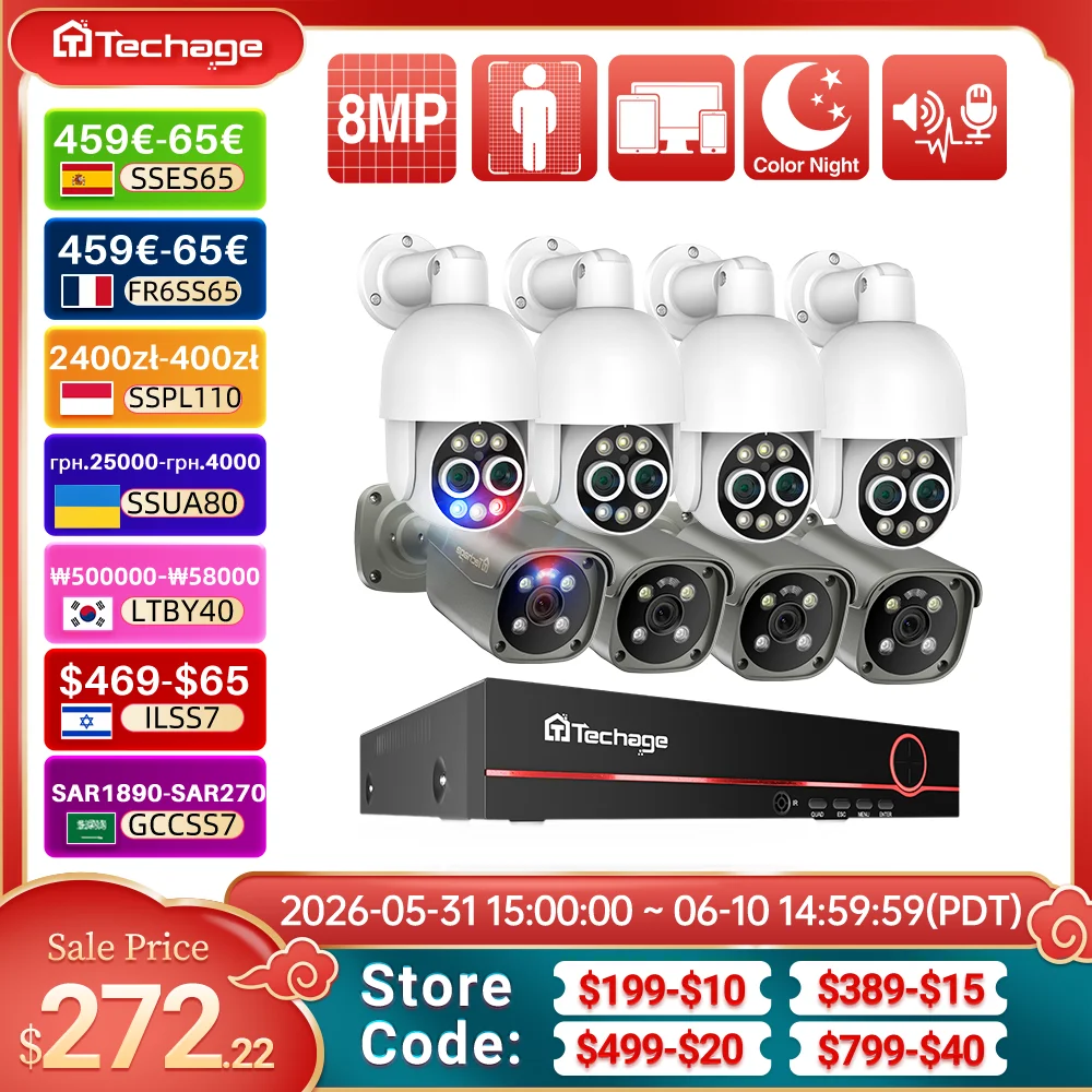

Techage 8CH 8MP POE Camera System 4K HD Dual Lens PTZ POE Camera 8X Zoom AI Human Detected CCTV Video Security Surveillance Kit