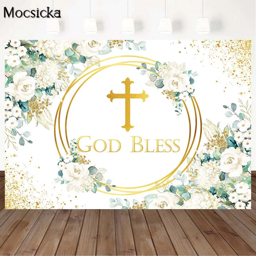 

Mocsicka Golden Ring Cross God Bless Baptism Photo Background Newborn Birthday Party Baby Shower Photography Backdrops Photocall