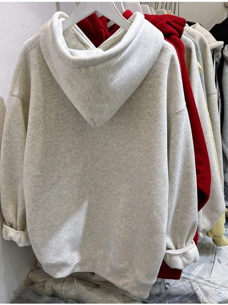 Felpa Coreana Oversize con Cappuccio, Foderata in Pile, Manica Lunga, Stampa Cartoon e Lettere, Casual e Alla Moda per l'Inverno
