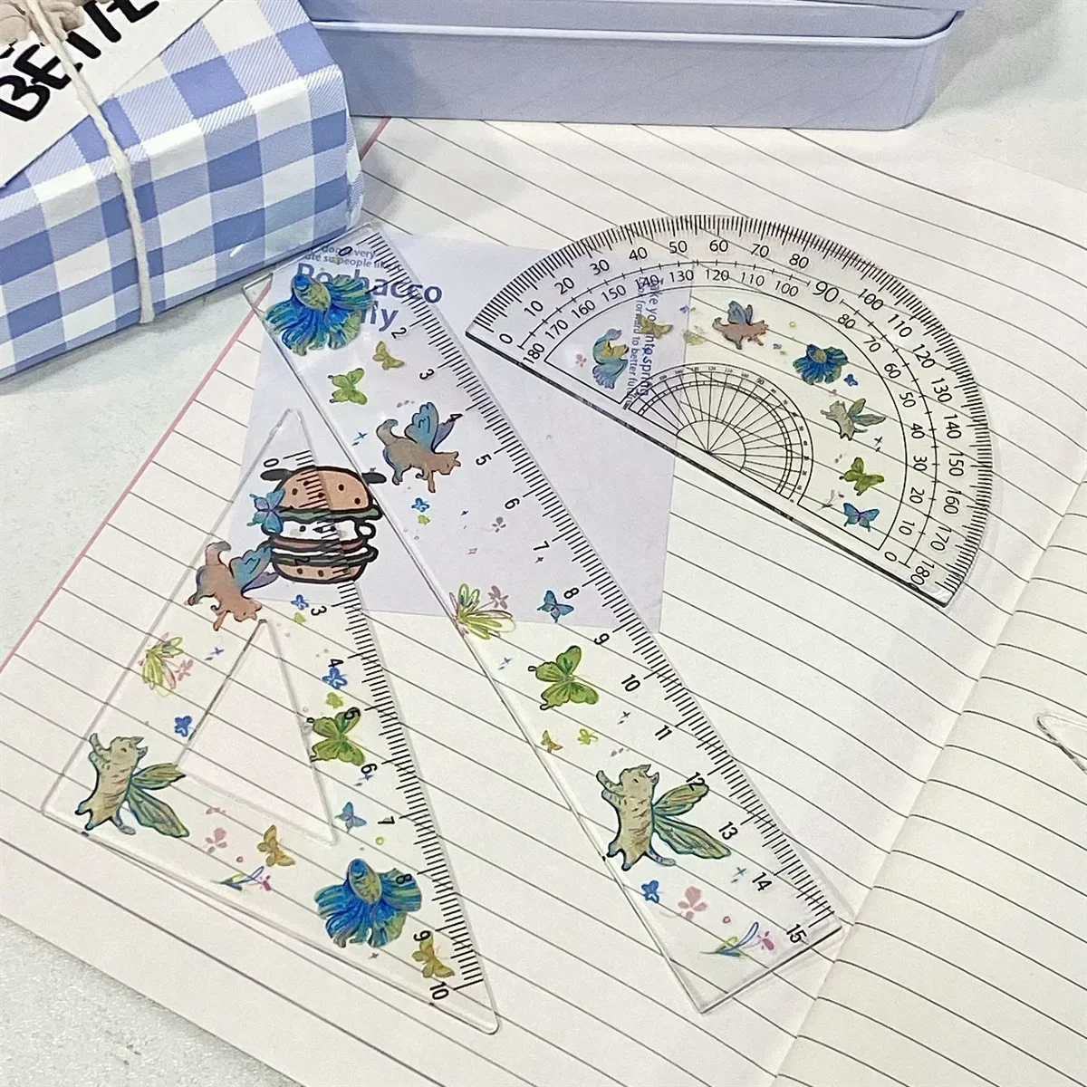 Ins Cute Color Magical Cat with Wings Transparent Ruler 4-piece Set Student Triangle Ruler Protractor Plastic Ruler Stationery