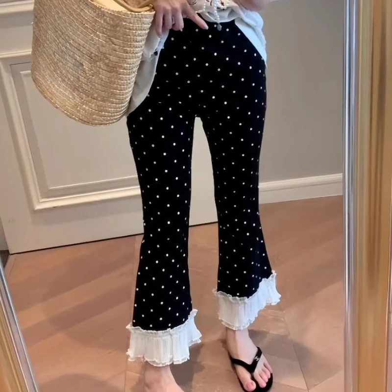 Women's Clothing Summer New Sweet Wind Casual Polka Dot Lace Edge Slim-fit Elastic 9-point Trousers