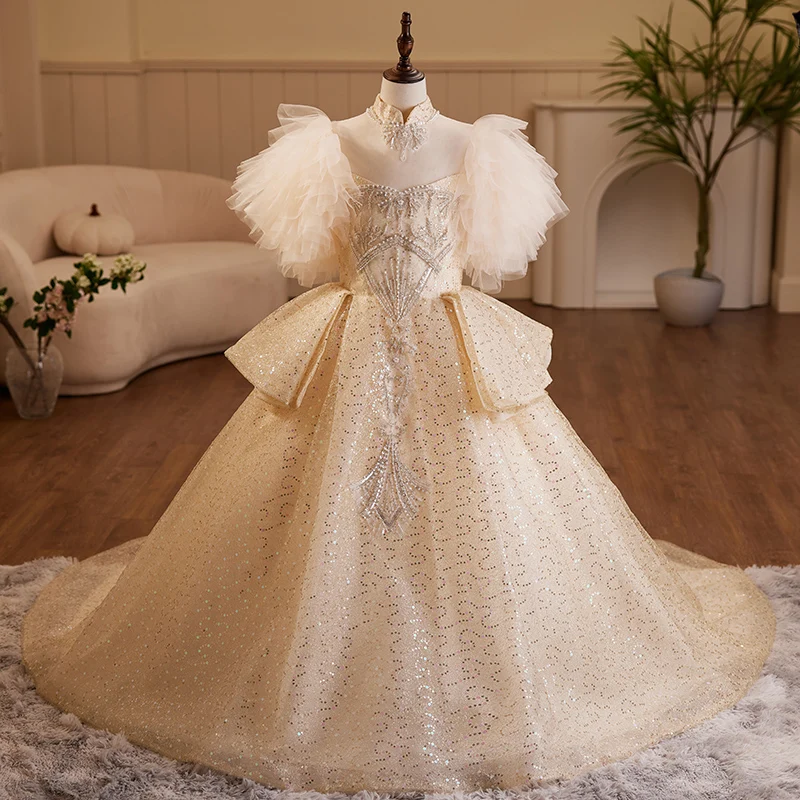 Champagne Girl Kid Floor-Length Tulle Dress Butterfly Sleeve High O-Neck Chiffon Ball Gown Beading Sequin Wedding Party Vestidos