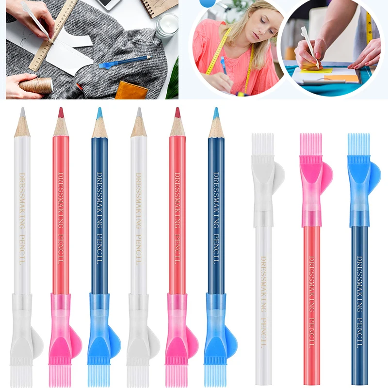 3pcs Sewing Fabric Pencils Water Soluble Pencil Tailor Mark Dressmaker\'s Chalk Brush Cap for Tailor Home Marker Tracing Tools