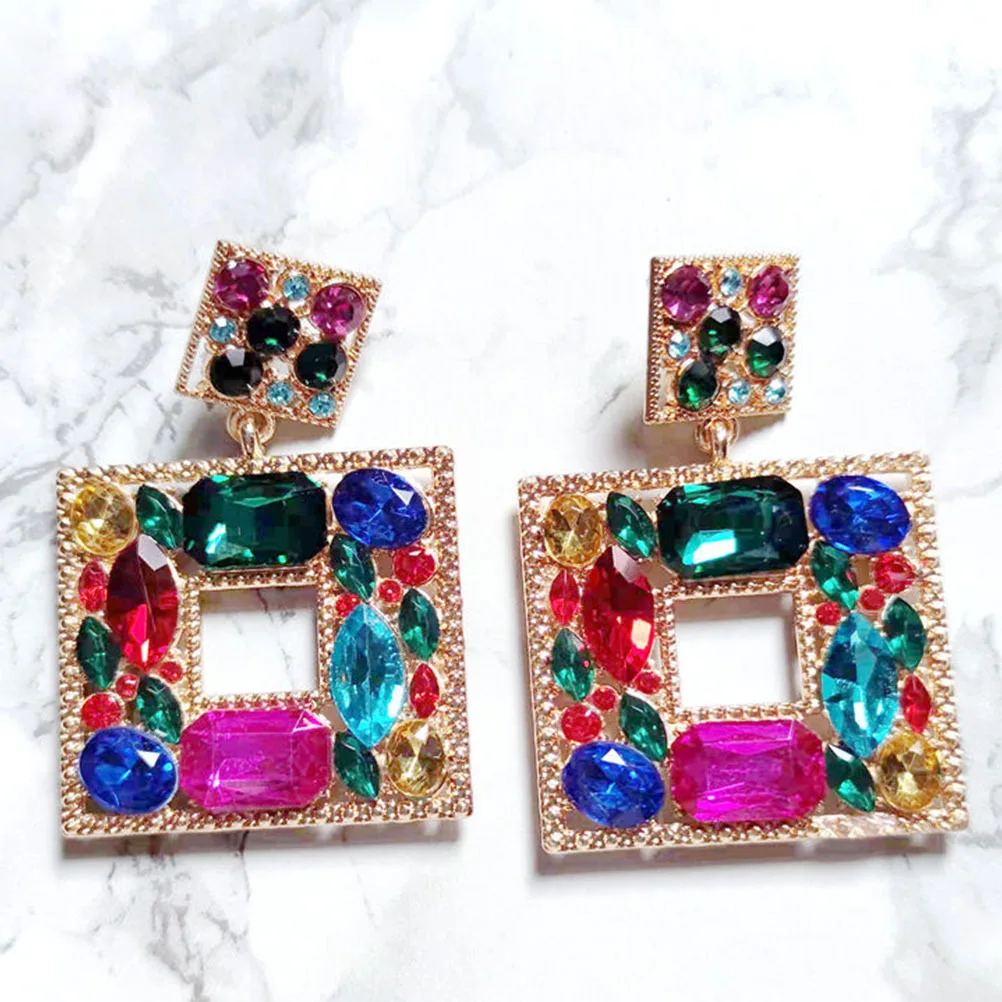 

1Pair Colorful Rhinestone Earrings Square Statement Dangle Earrings Fashion Jewelry for Women Prom Party Accessories