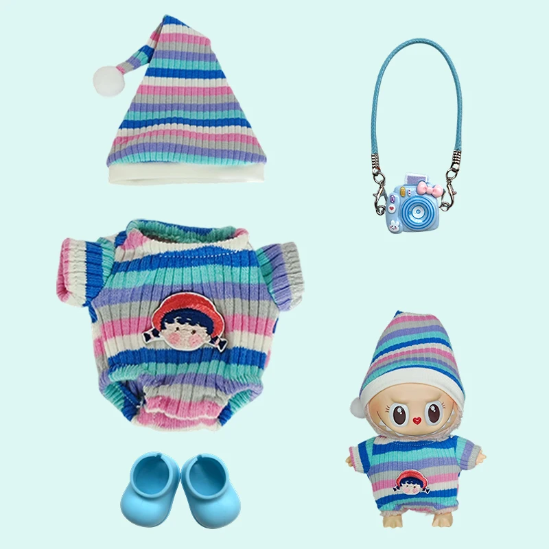 Conjunto de ropa para muñeca Labubu de 17cm, bonito traje de felpa rosa, sombrero, bolsa, chaleco, accesorios, muñeca DIY, regalo, muñeca monstruo Kawaii, ropa cambiante