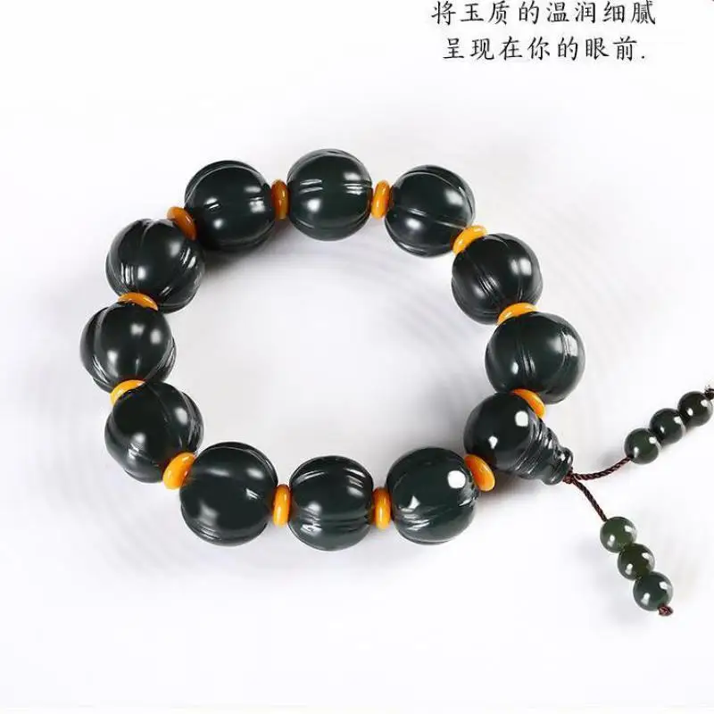 

Natural Nephrite Green Jade Bracelet Men Women Healing Gemstone Fine Jewelry Genuine Hetian Jade Pumpkin Beads Tassel Bracelets