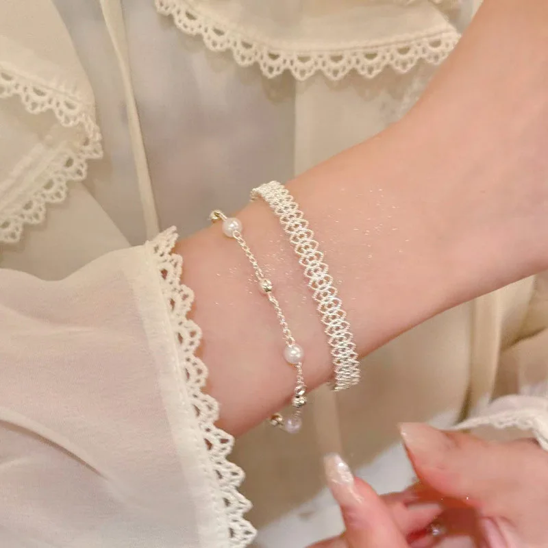 Pearl Bracelet Silver Plated Lace Hollow Out Lightweight Elegant Vintage Unique Stackable Premium Charming Jewelry for Her