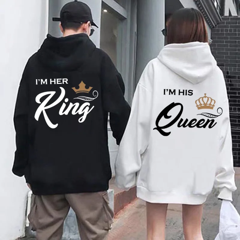 Модные толстовки с капюшоном King & Queen для пар, пуловер с длинным рукавом, парные комплекты, уличная одежда, одежда для влюбленных, подарки на