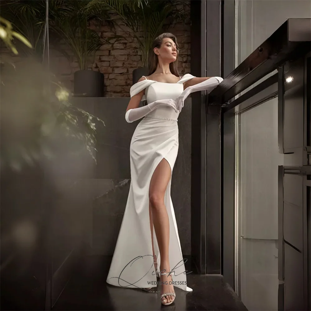 QICHE-Vestidos De Novia clásicos De sirena con hombros descubiertos, Espalda abierta, con cordones, plisado, abertura larga, abalorios, personalizados
