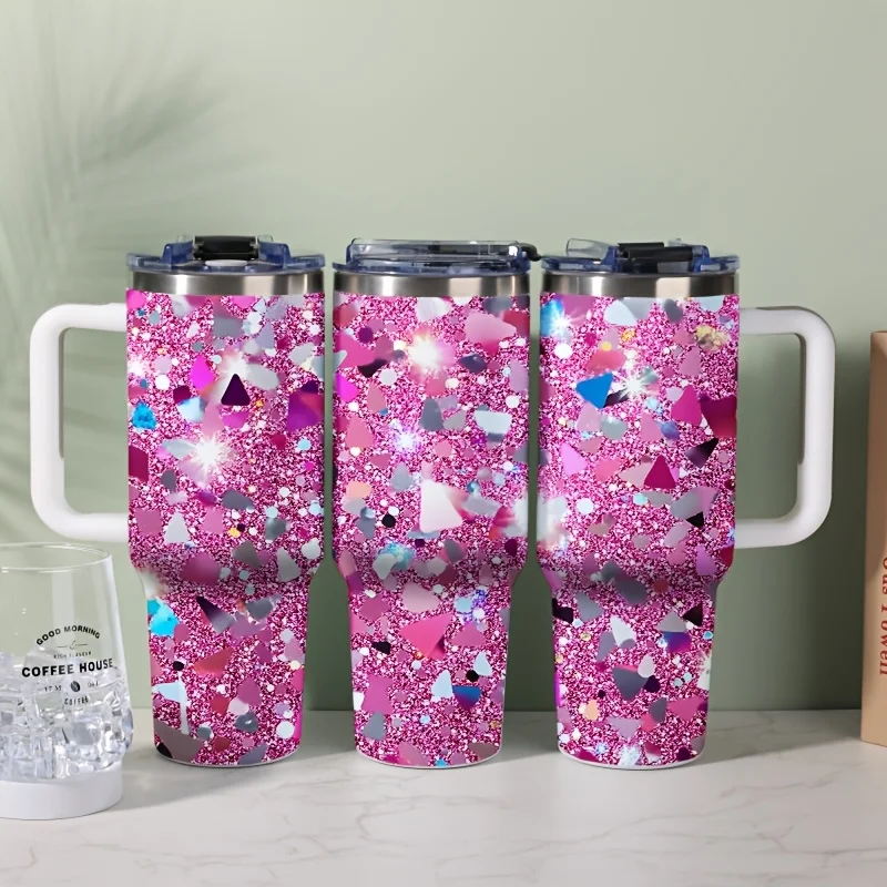 1pc 304 Stainless Steel Summer Cold Cup, 40oz Second-generation Handle 3rd-generation Lock Cover, with Straw and Lid, Pink as the Main Color, Embellished with Colorful Sequins, Decorative Pattern with Sparkling Effect, Pink Base