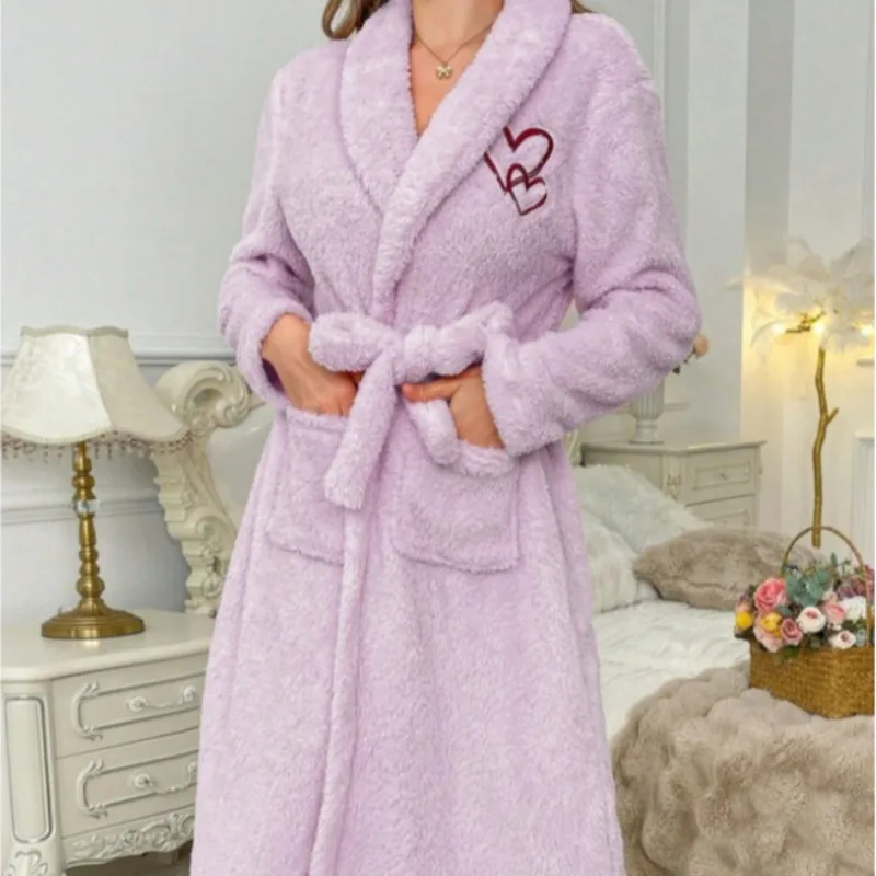 

Women's Cozy Long Loungewear Robe, Thick Flannel & Coral Fleece Bathrobe, Soft Warm Nightgown