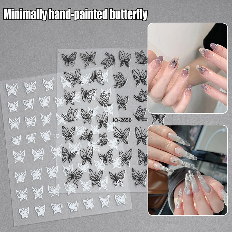 Hand gezeichnete Schmetterling Nail Art Aufkleber ultra dünne Schieber egler Dekoration transparente Abziehbilder schwarz/weiß/gold selbst klebende Aufkleber