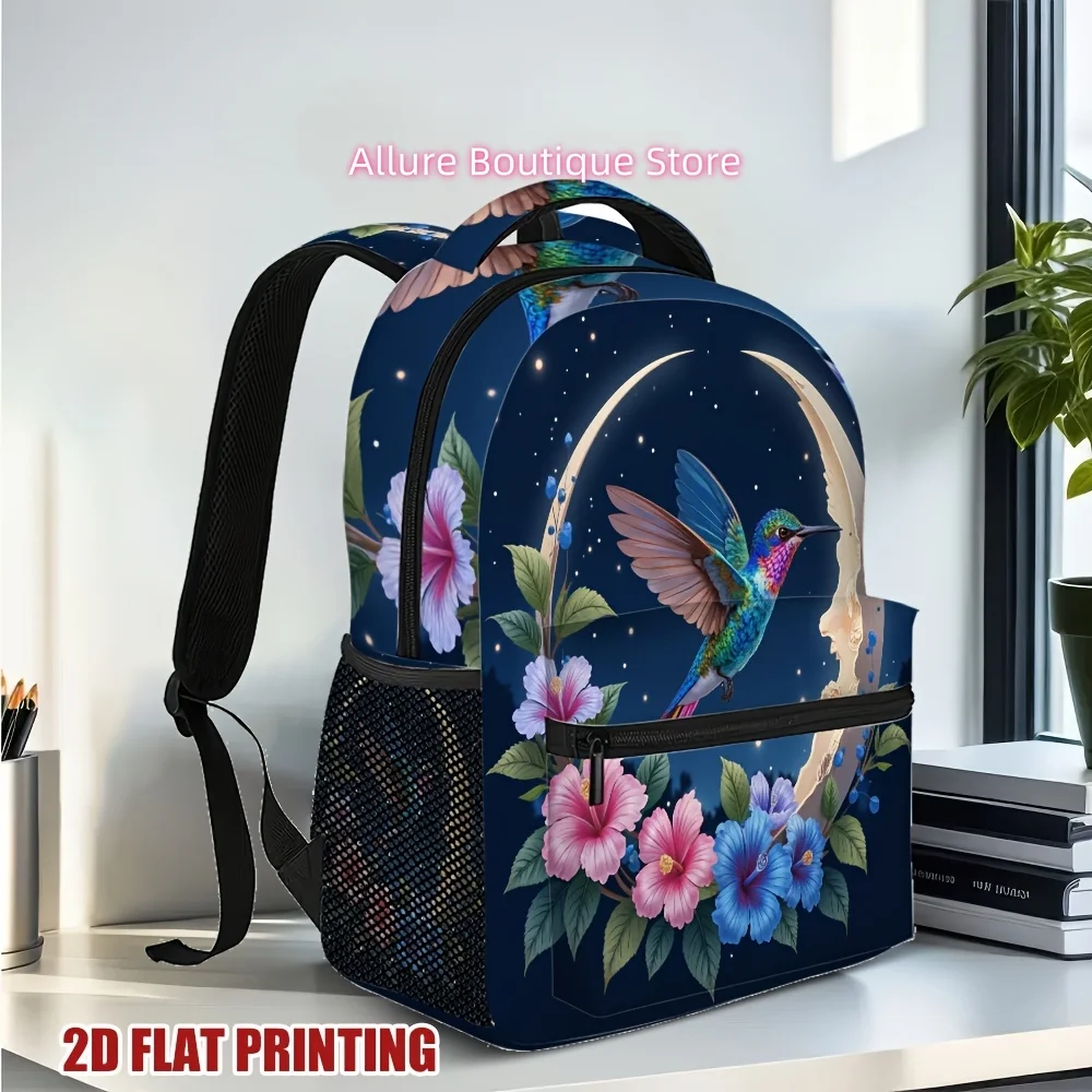 1pc Animal Themed Artwork Magic Moonlit Hummingbird Floral Backpack, Lightweight and Durable, Perfect for Carrying Books, Laptop