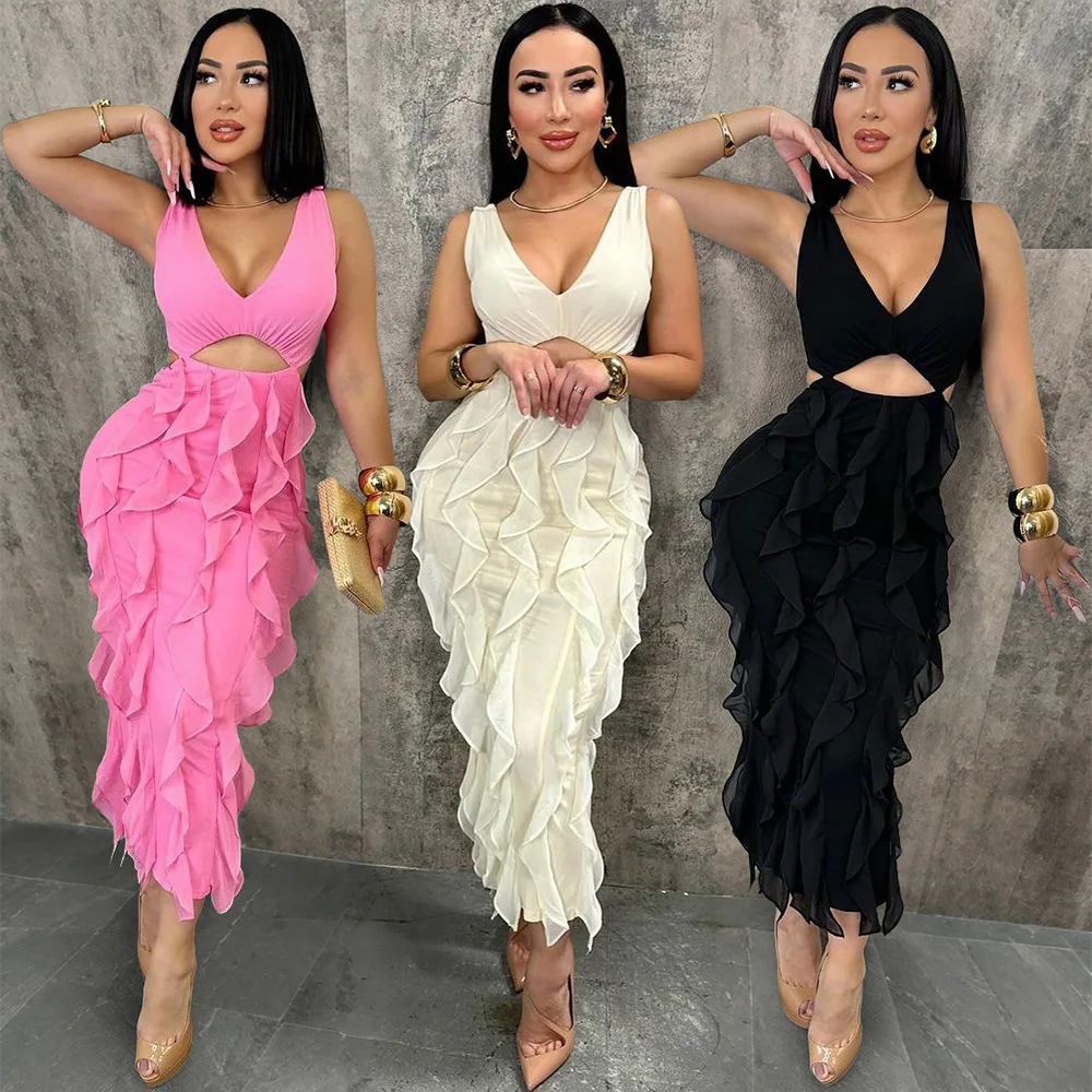 

Long Dress Women Dresses Sexy Vestidos V Neck Sleeveless Elegant Splice Y2k Streetwear Party Night Ruffles High Waist 2025