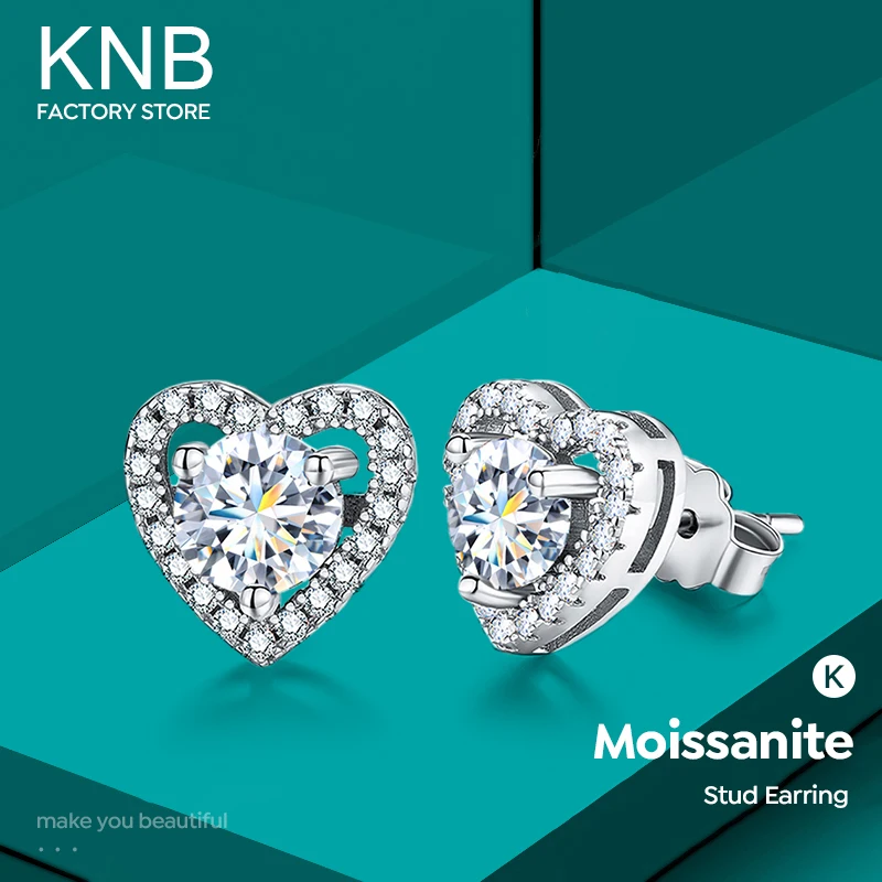 KNB 0.5CT D Color Moissanite Diamond Heart Halo Stud Earrings for Women 925 Sterling Silver Wedding Earrings Luxury Fine Jewelry