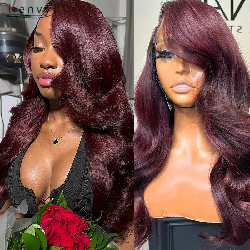 

99J Burgundy 13X6 Lace Front Human Hair Wigs Body Wave 13X4 30 34 Inch Red Colored Hot Red Lace Frontal Wigs Brazilian For Women