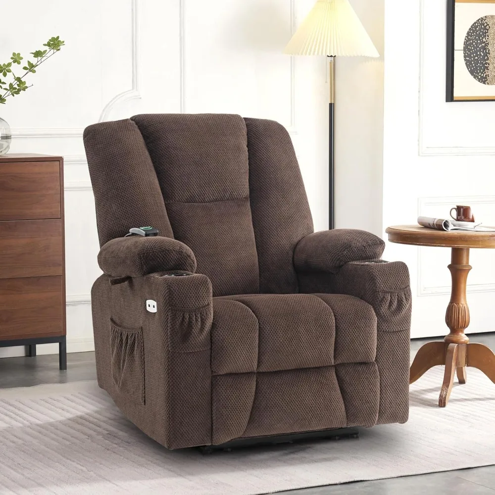 Fabric Electric Power Recliner Chair with Heat and Massage, Cup Holders, USB Ports, Extended Footrest