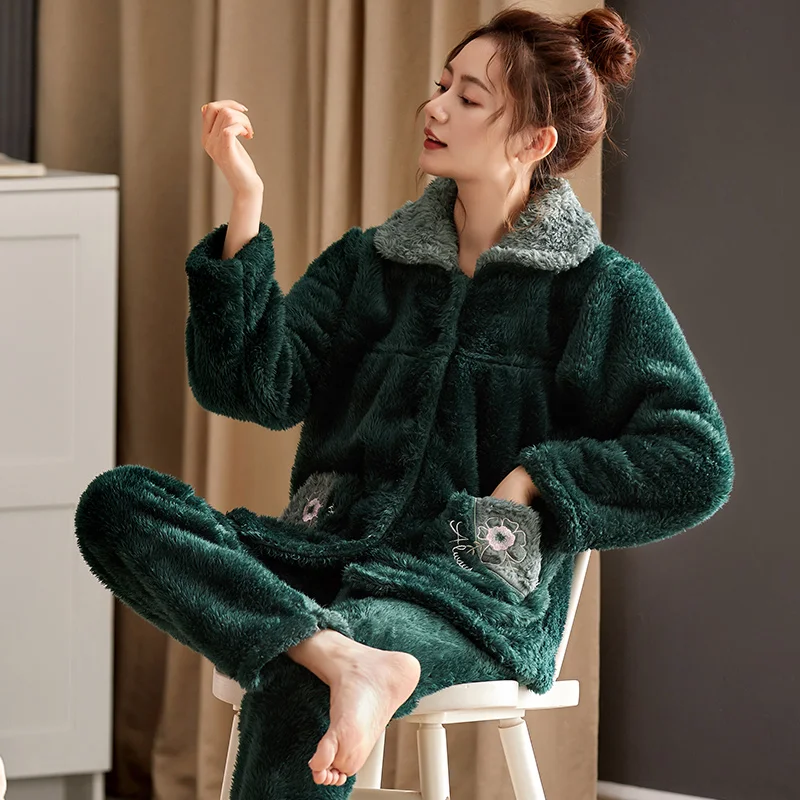 

Pajamas Sets Women Winter Thick Coral Fleece Pyjamas Embroidered Flowers Warm Jacket Female Lovely Flannel Home Service Suit