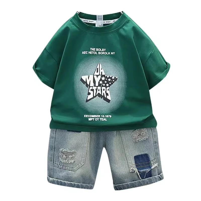 Korean Kids Set New Summer Short Sleeve Pullover Shirt +Jeans Pants 2pcs Outfits Baby Boys Sport Clothes Girls Boutique Clothing