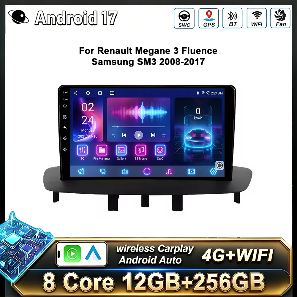 Android 17 para Renault Megane 3 RS Fluence Samsung SM3 2008 - 2014 Reproductor Multimedia para Auto Carplay Radio Auto Video Navegación GPS