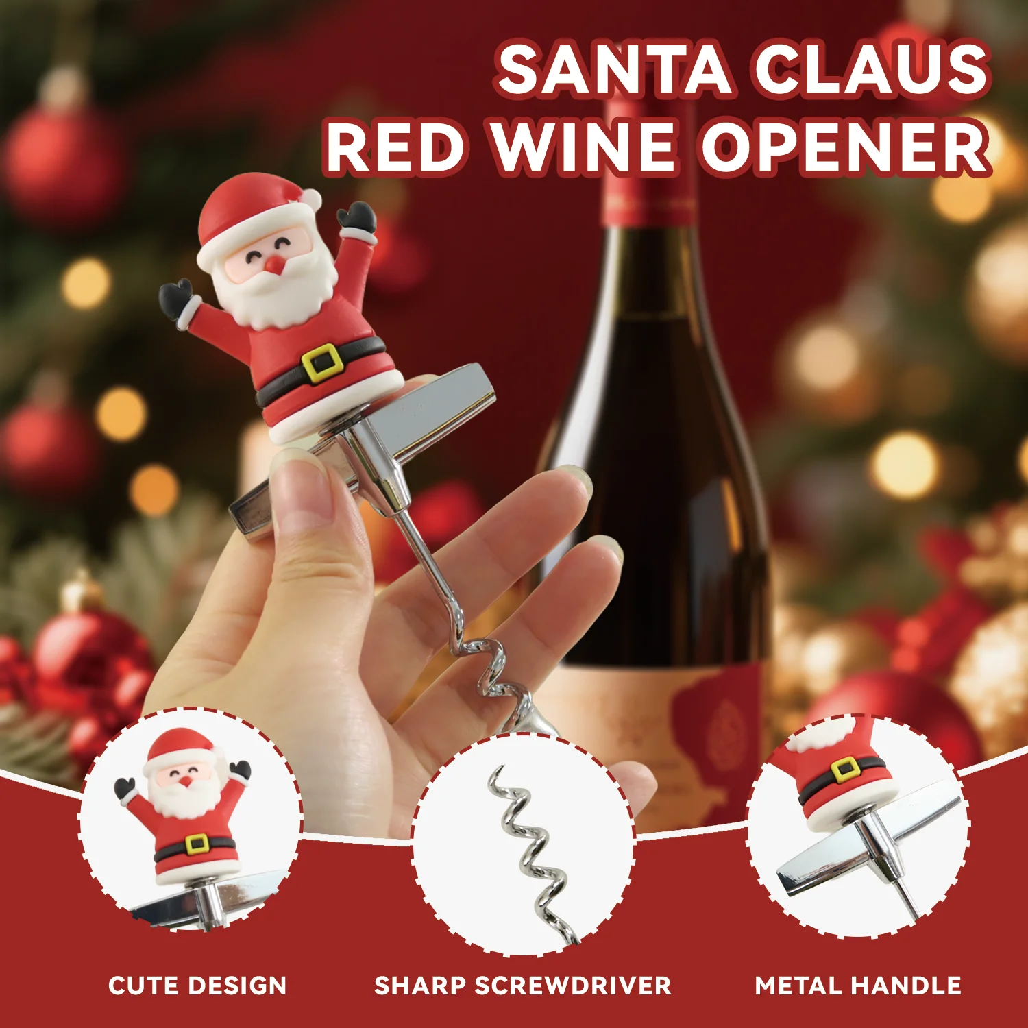 PVC Santa Claus Wine Opener - Threaded Cork Remover / T-Bar Christmas Wine Accessory