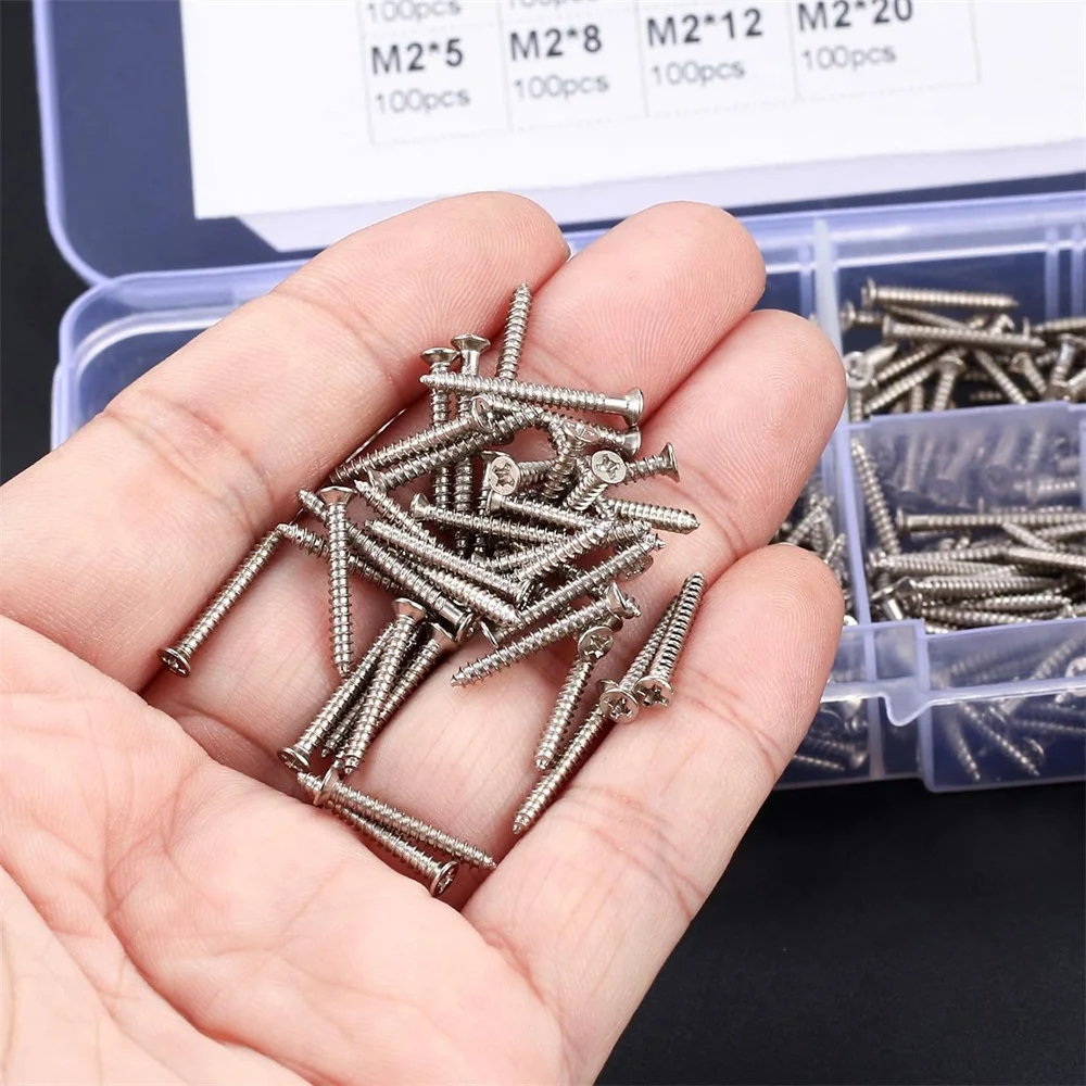 

800 Pcs M2 Flat Head Self Tapping Screws, Cross Drive Head Self Tapping Woodworking Screws,Carbon Steel Self Drilling Screws Kit