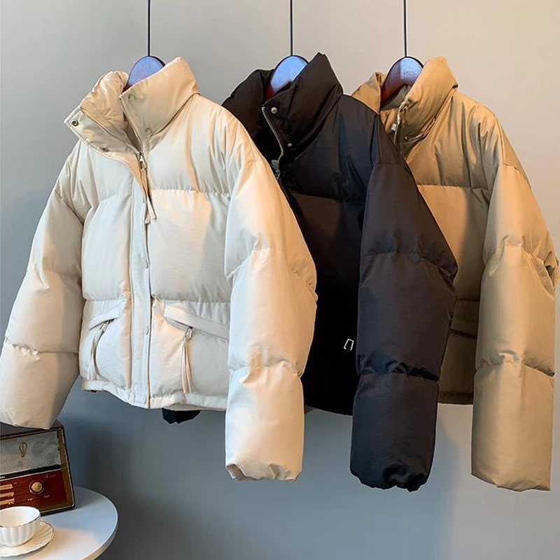 FIGOHR-Veste en duvet et coton pour femme, manteau court, poches avec fermeture éclair, solide, épais, chaud, hiver, 2024