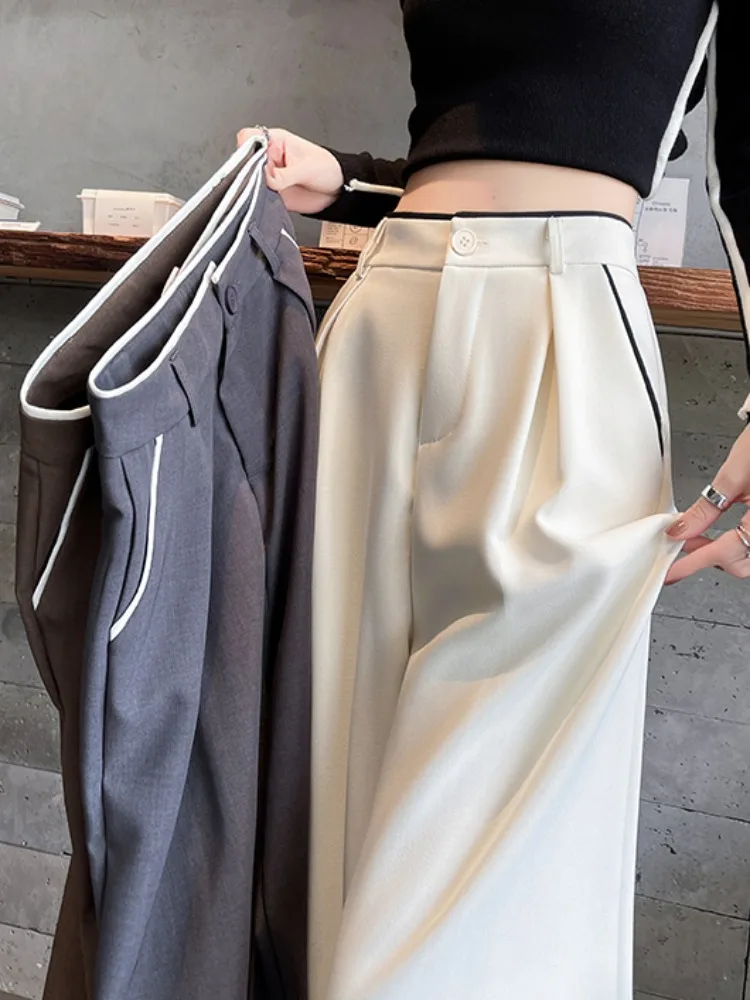 Pantalones de traje de pierna estrecha para mujer, ropa de trabajo drapeada, pantalones de corte recto de pierna ancha y cintura alta, para ir al trabajo, Faion coreano