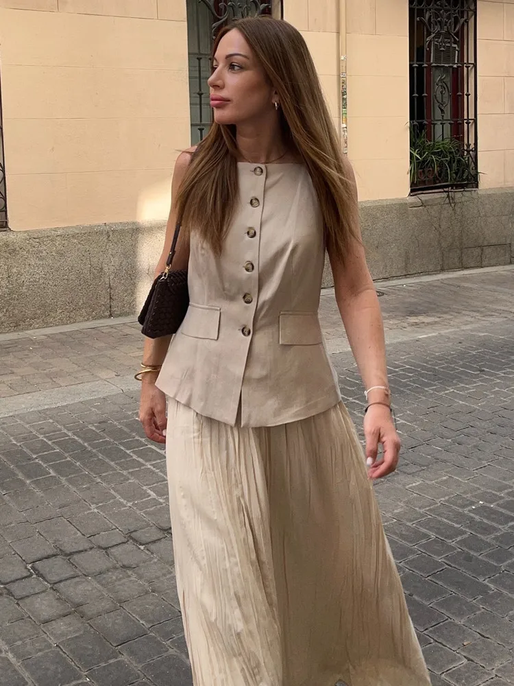 UNIZERA 2025 Zomer Nieuwkomers Dameskleding Single-Breasted Kleine Plooirok Midi Vest Splicing Jurk