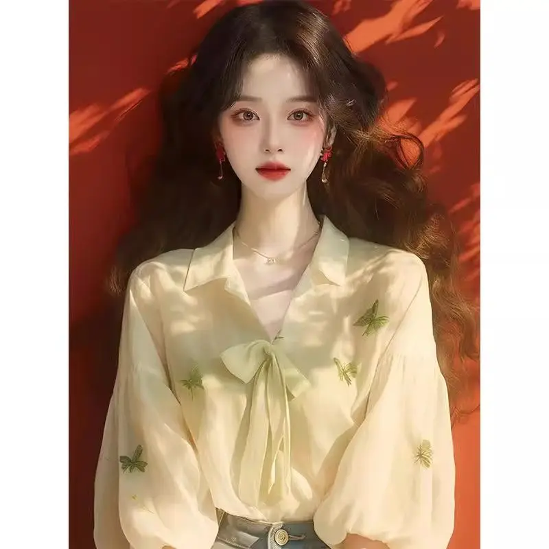Green Printed Sunscreen Chiffon Shirt Autumn New Women's Sweet Princess Style Unique Top