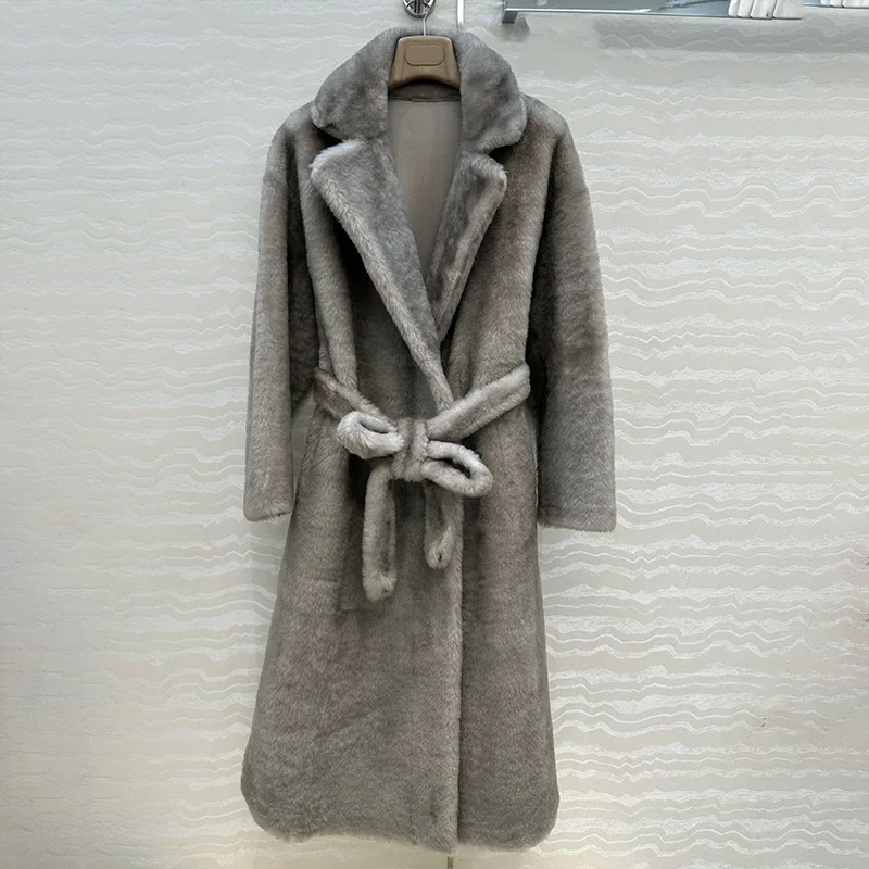 معطف صوف طويل للسيدات من الجلد الداخلي الأنيق على الطراز الكوري عالي الجودة مع ربطة خصر ملابس نسائية شتوية 25110804 #4
