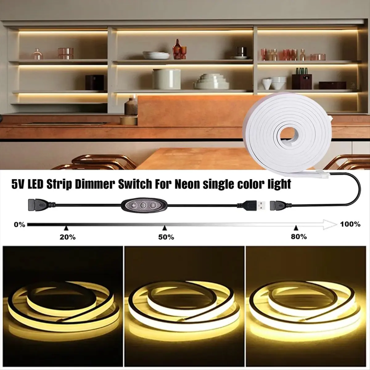 A003 5V USB LED Dimmer Switch, 10-Speed Dimming, Female to Male, 2 Pack USB Powered Dimmer for 5V Single Color LED Lights