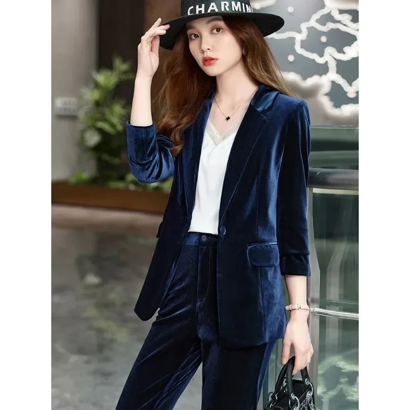 Blazer e calças femininas, conjunto formal de duas peças, calça sólida, roupa de negócios, roxo e azul, nova chegada, outono e inverno