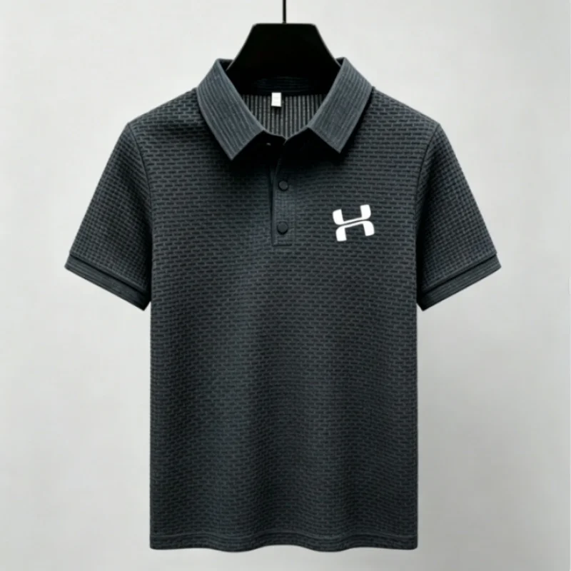 Men Summer Waffle Knit Polo Shirt Short Sleeve Lapel Button Business Casual Fashion Print Breathable Golf Tee Tops