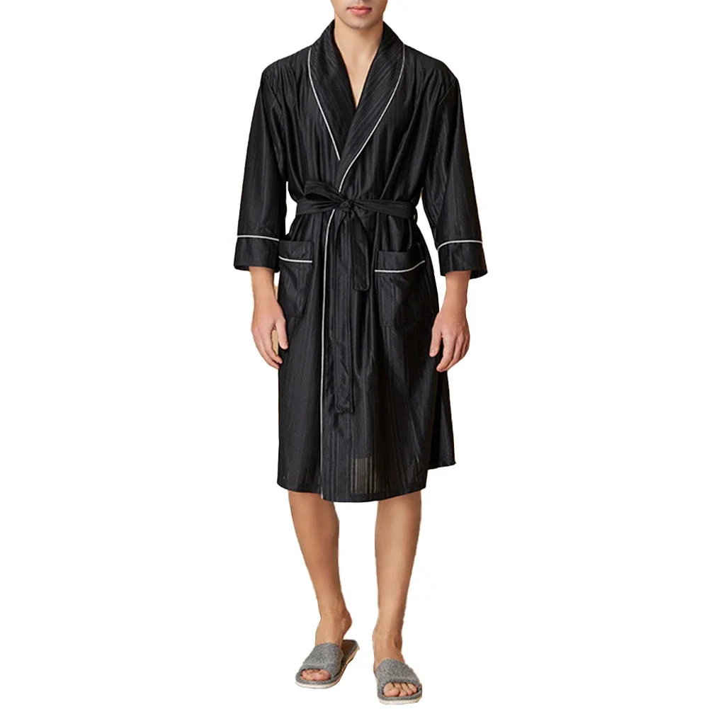 

Male Nightwear Men Contrast Daily Kimono Long Sleeve Loose Nightgown Pajamas Satin Soft V-neck With Pockets Comfy