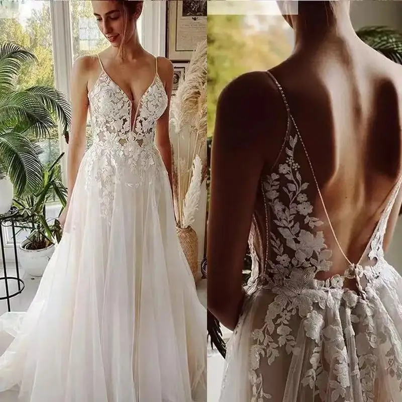 

Sheer Illusion Beach Wedding Dresses 2025 Long Tulle Lace Vintage Bridal Gown A-Line Customized V-Neck Vestido de Noiva