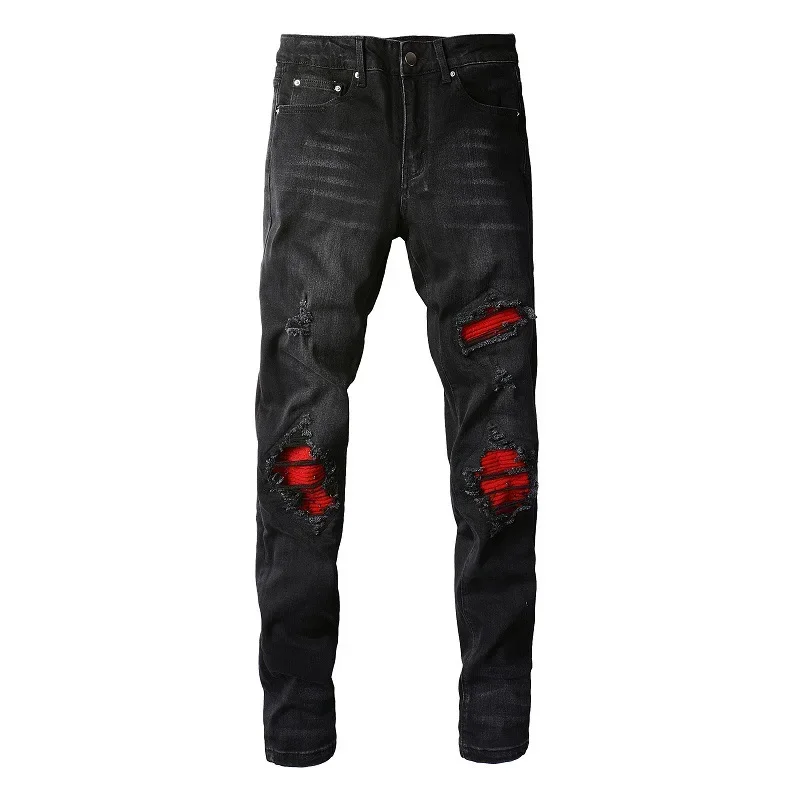 Men's Street Fashion Ripped Patch Men's Jeans Men's Slim High Street Fashion Men's Jeans Small Feet