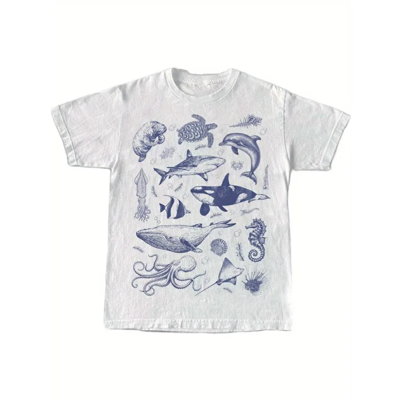 Men's Retro Marine Creature Pattern T-shirt Men's T-shirt Y2K Summer New Trend Fashionable Unisex T-shirt