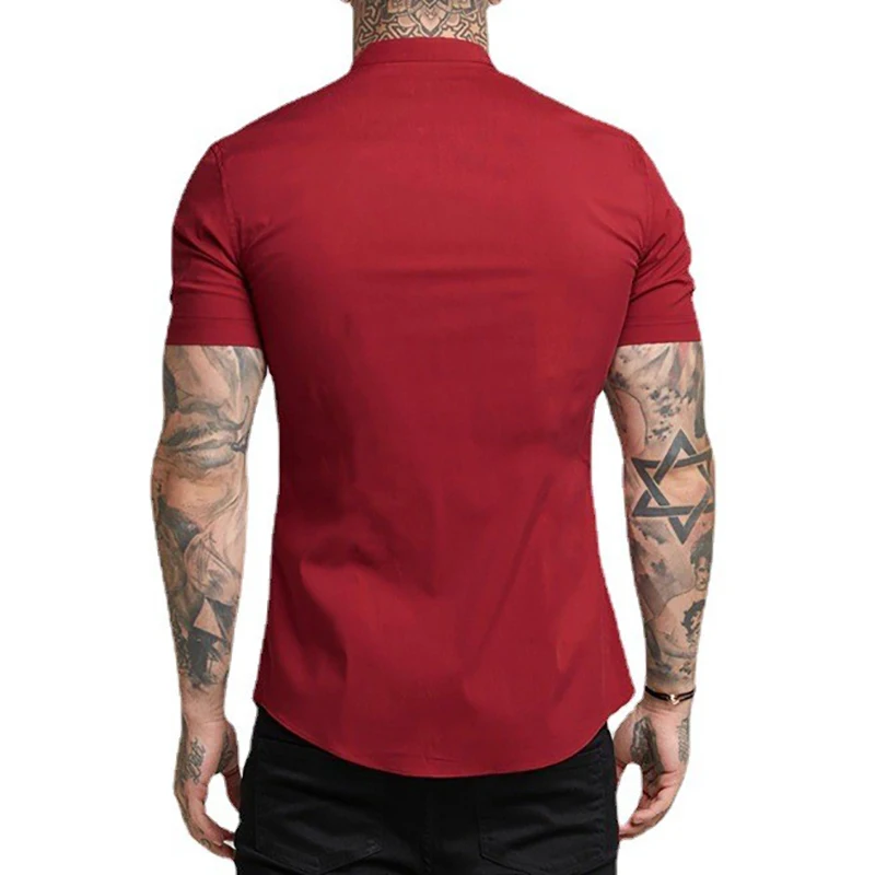 New Fashion Summer Casual Short Sleeve Shirt Men Stand Collar Super Slim Fit Business Dress Shirt Mens Button Gym Fitness Tops