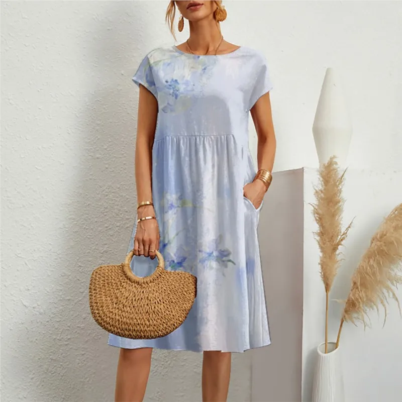 Abito estivo da donna casual stampato floreale quotidiano Moda manica corta girocollo Abiti larghi Boho Beach Swing Holiday Sundress