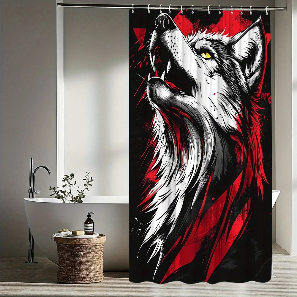 

1pc Unique Creative Wolf Pattern Shower Curtain Vivid And Fun Wild Style Bathroom Decoration Polyester Fabric Contains 12 Hooks