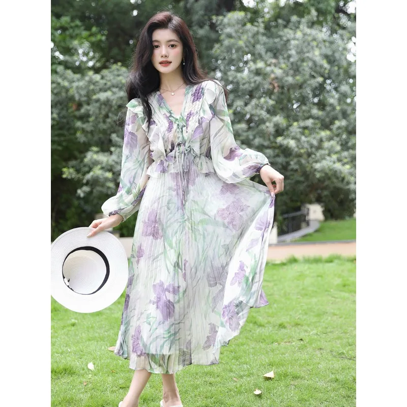 

Women High Quality Floral Long Sleeve Dress 2023 Draped Korean Fashion Light Casual Chiffon Dress Summer Elegant Office Dress