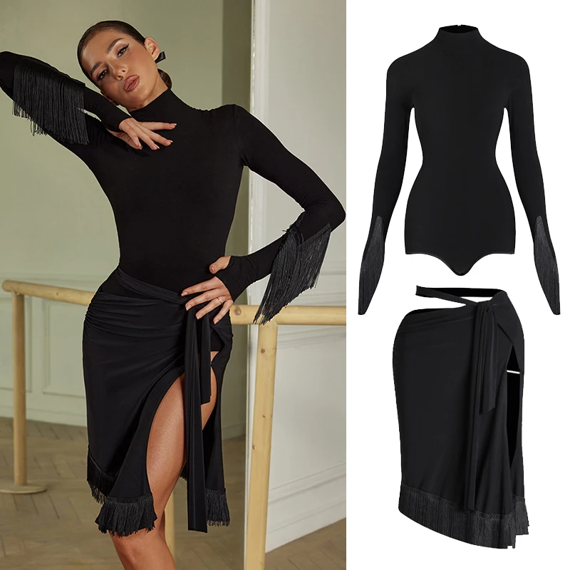 ZYM Latin Dance Clothes Women Tassel Long Sleeves Bodysuit Split Skirt Rumba Cha Cha Practice Wear Performance Dress DNV19076