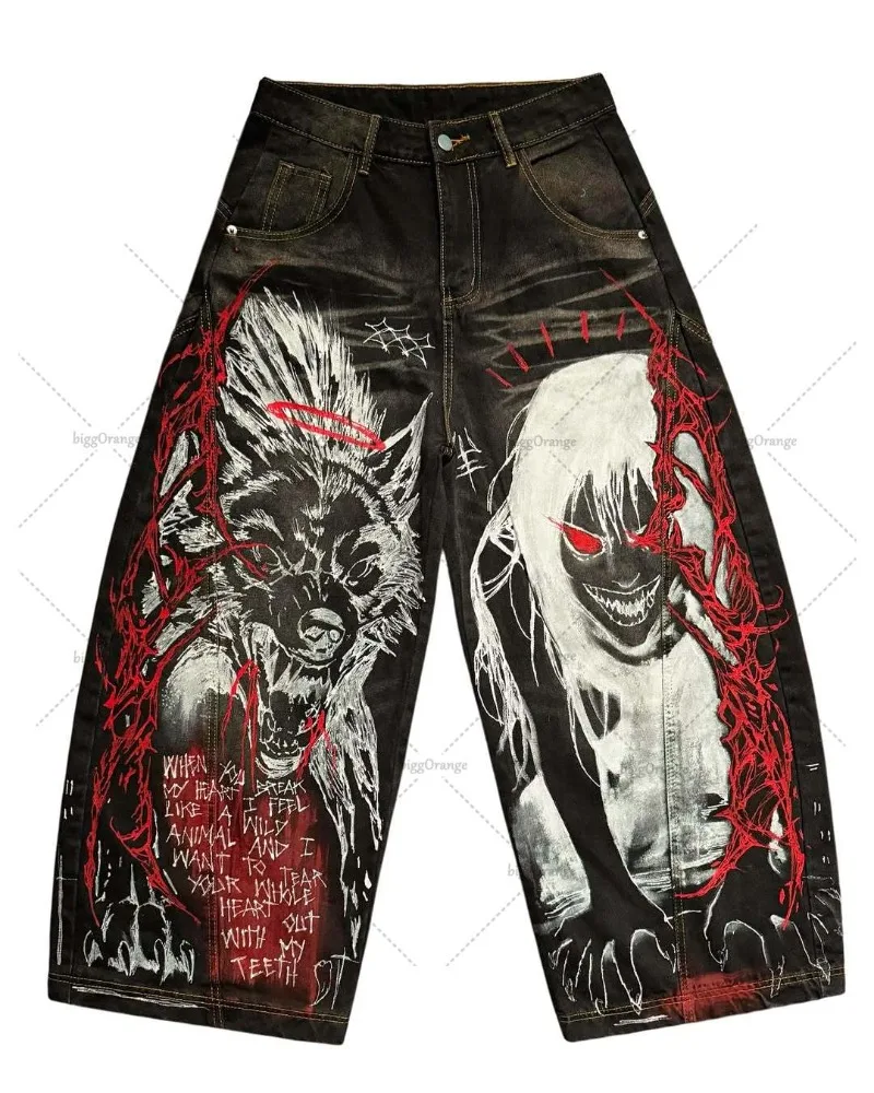 Y2K Harajuku Pantalones de cimitarra informales sueltos Retro americano empalmado ​ ​ Pantalones vaqueros holgados para hombre, ropa de calle gótica Punk de Hip Hop, pantalones para mujer