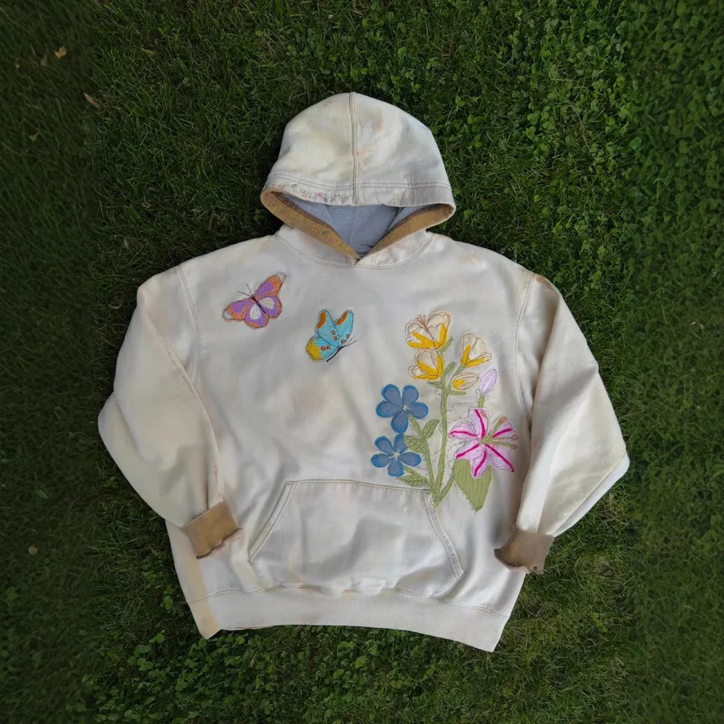 

Street Hoodie Pocket Casual Women's Sportswear Fashionable Hoodie Butterfly Flower Embroidery Loose New Hoodie Autumn Clothing
