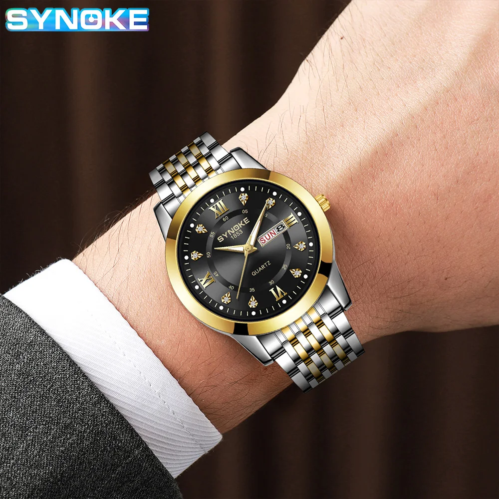 SYNOKE Non Automatic Movement Luminous Sports Waterproof Quartz Watch round Pointer Glass Calendar Business Quartz Watch For Men